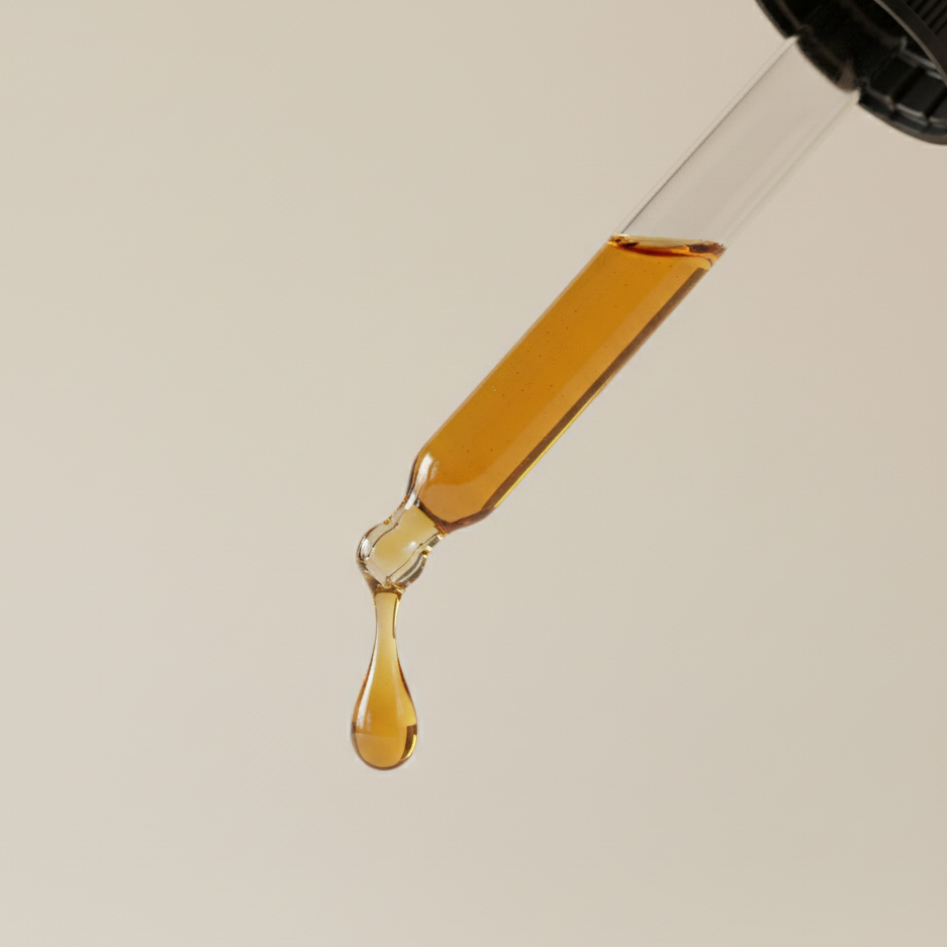 Amber-colored oil dripping from a dropper onto a beige background