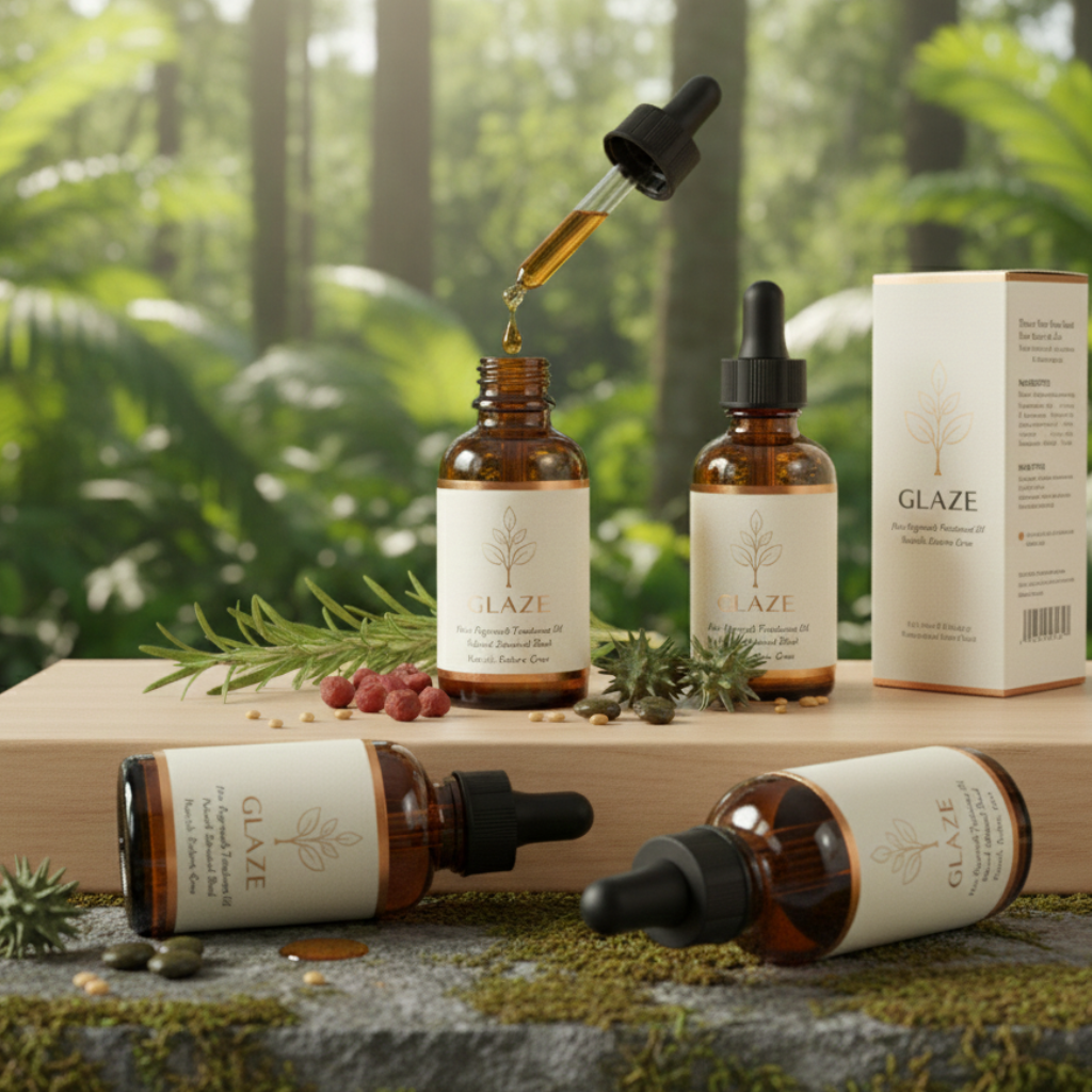 GLAZE skincare products with droppers on a natural setting