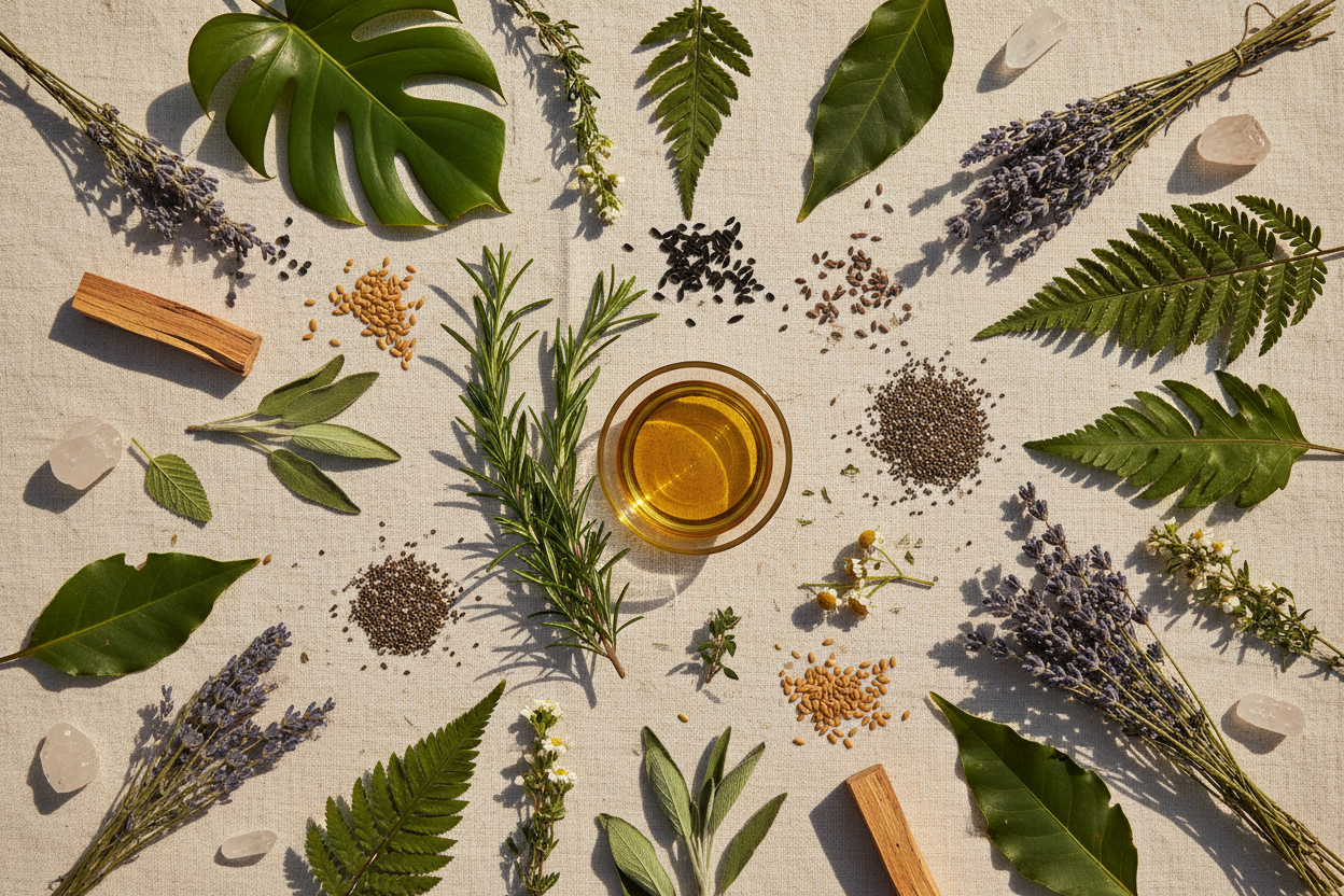 Herbal and spice arrangement with a cup of glaze oil on a textured surface